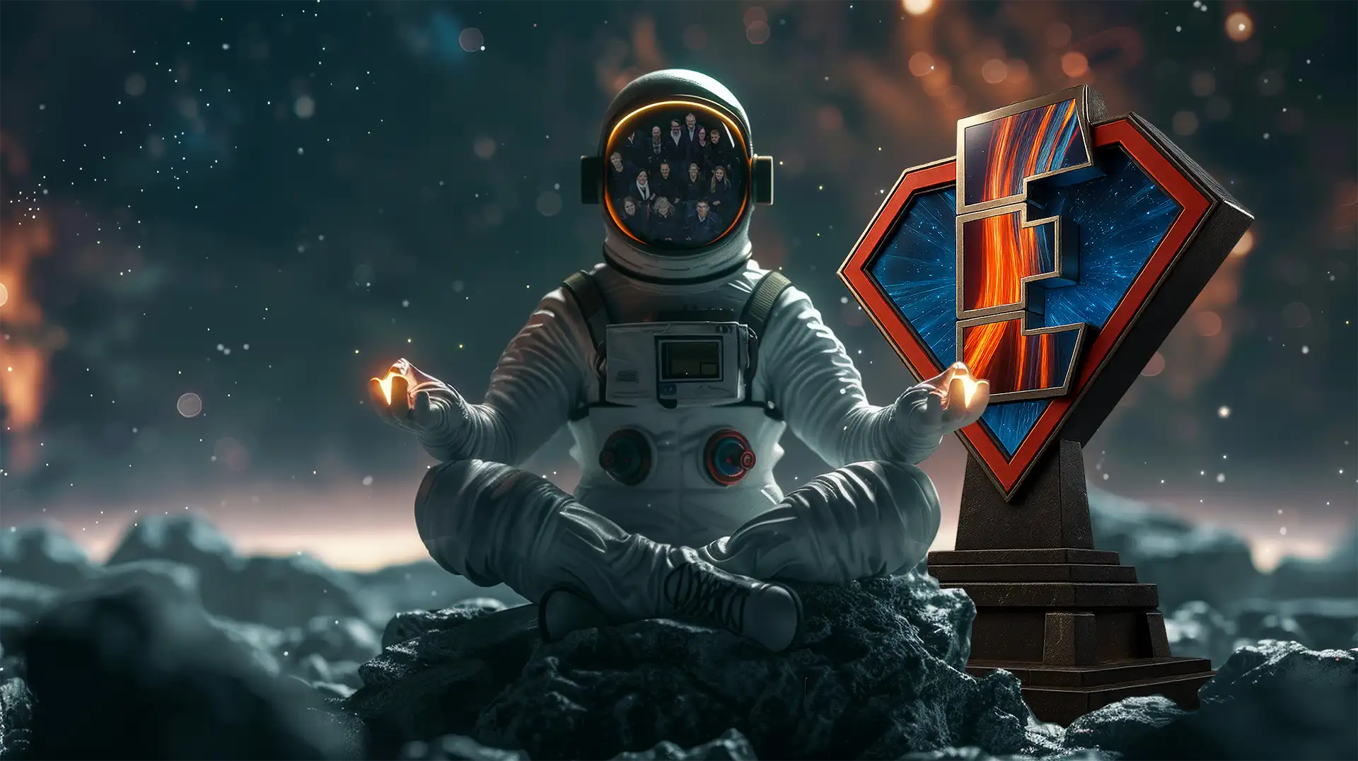 Ein Astronaut meditiert im Schneidersitz, die glühenden Hände neben einer geometrischen Egenberger-Trophäe auf felsigem Grund.