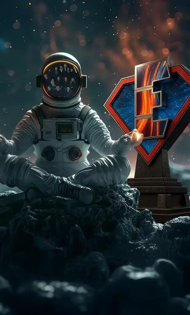 Ein Astronaut sitzt auf felsigem Terrain neben einer futuristischen E-förmigen Trophäe unter einem kosmischen Himmel.