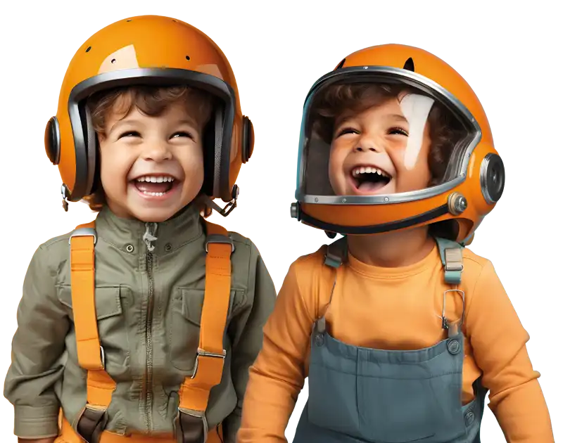 Zwei Kinder mit orangefarbenen Astronautenhelmen lächeln und lachen, eingetaucht in Egenbergers spielerische Welt. Zwei Kinder mit orangefarbenen Astronautenhelmen lächeln und lachen, eingetaucht in Egenbergers spielerische Welt.