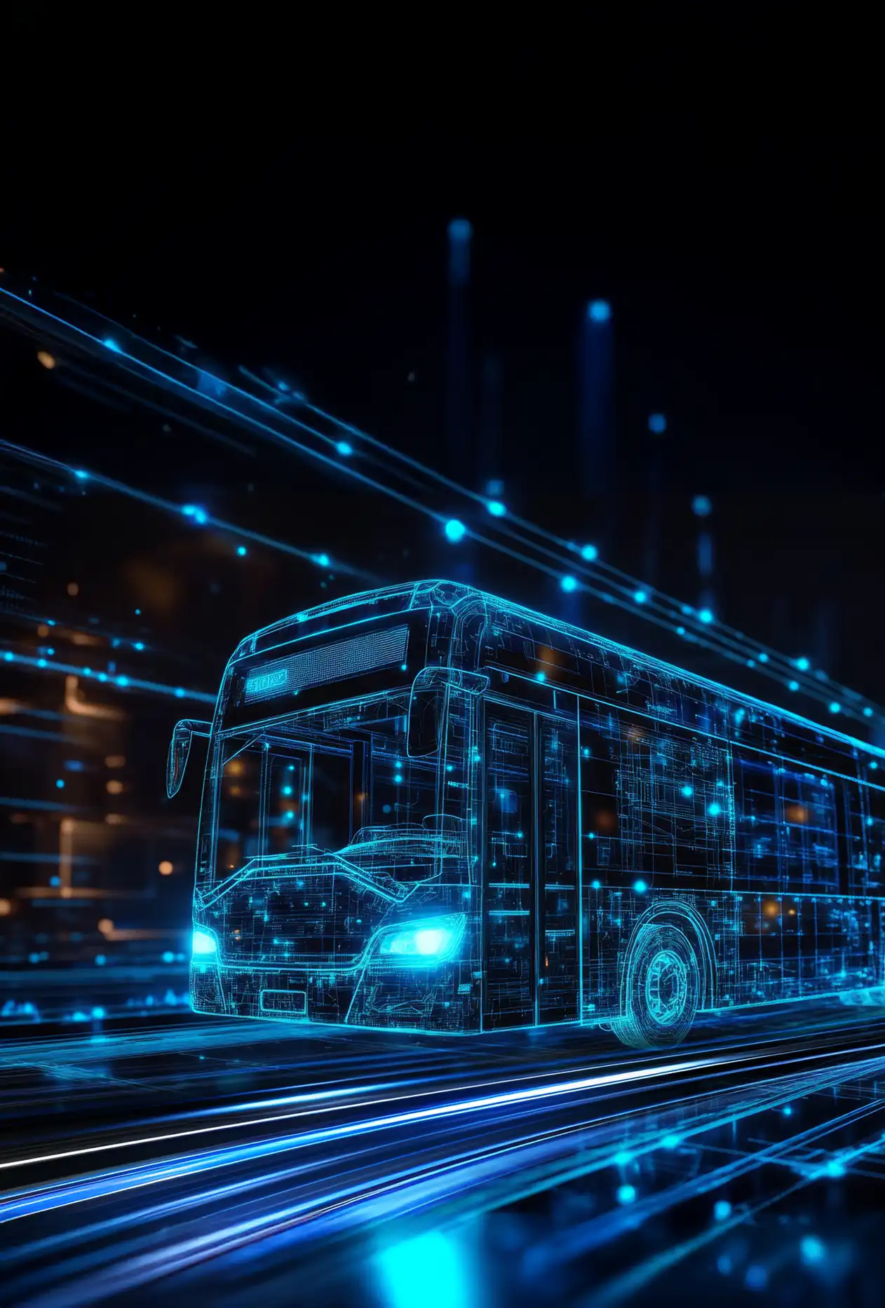 Futuristischer blauer Linienbus leuchtet vor einem dunklen Hintergrund mit Bewegungsstreifen.