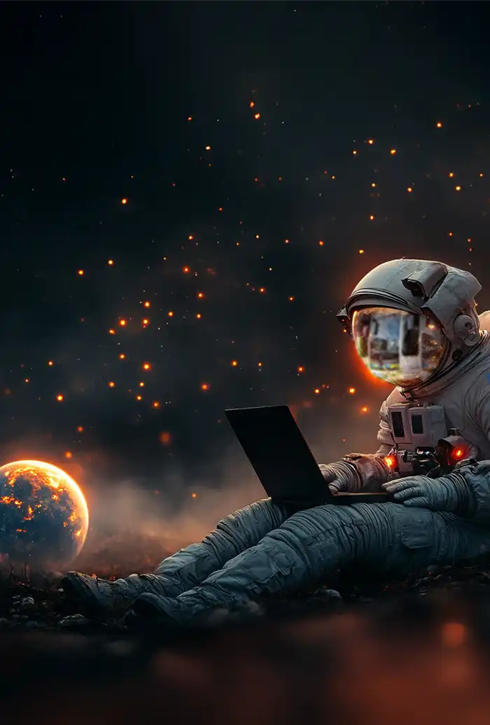 Astronaut im Raumanzug benutzt Laptop bei Nacht, Erde und helle Funken im Hintergrund.