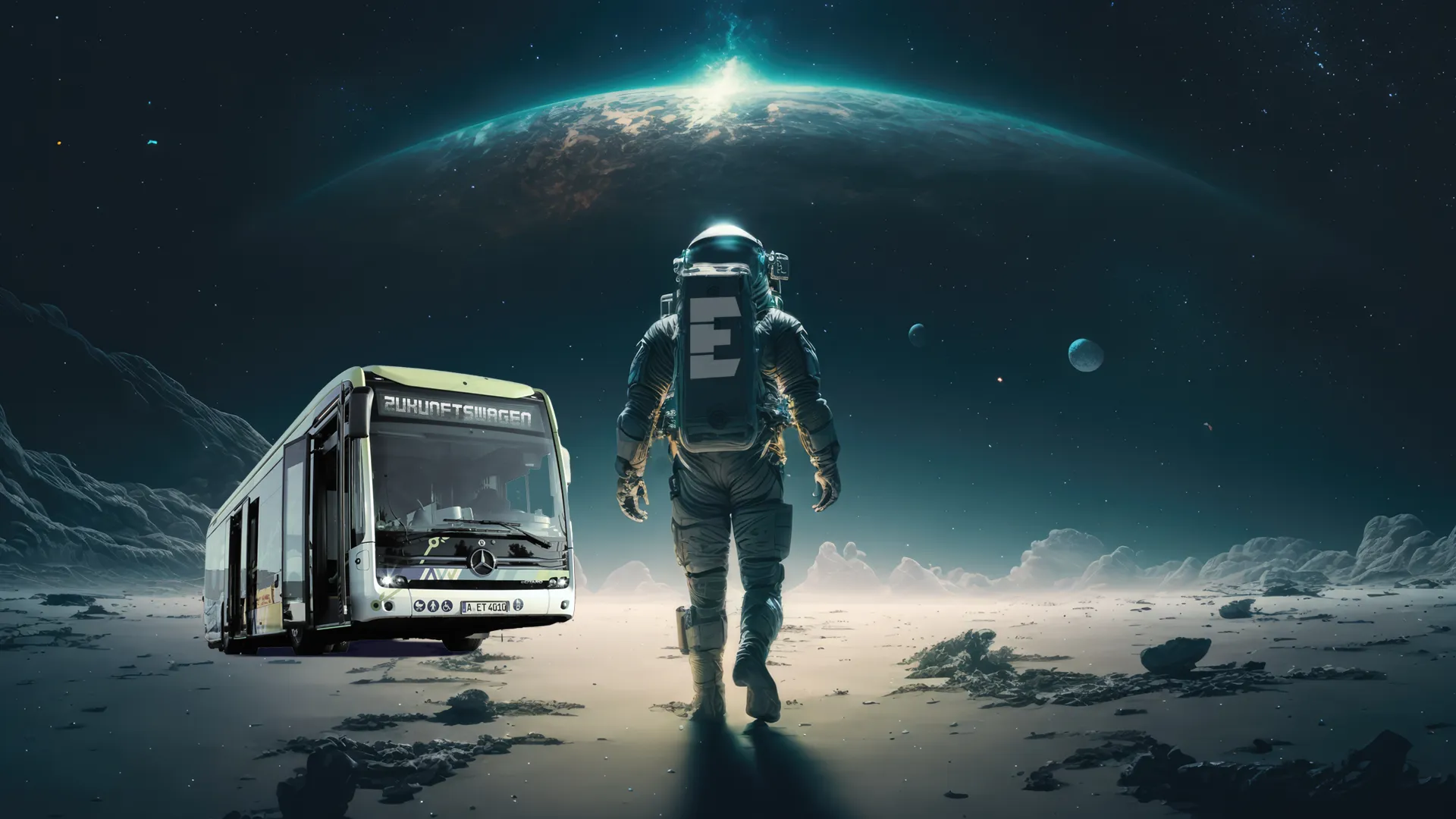 Ein Astronaut nähert sich einem Stadtbus auf einer fremden Welt unter einem großen Planeten und Sternen.