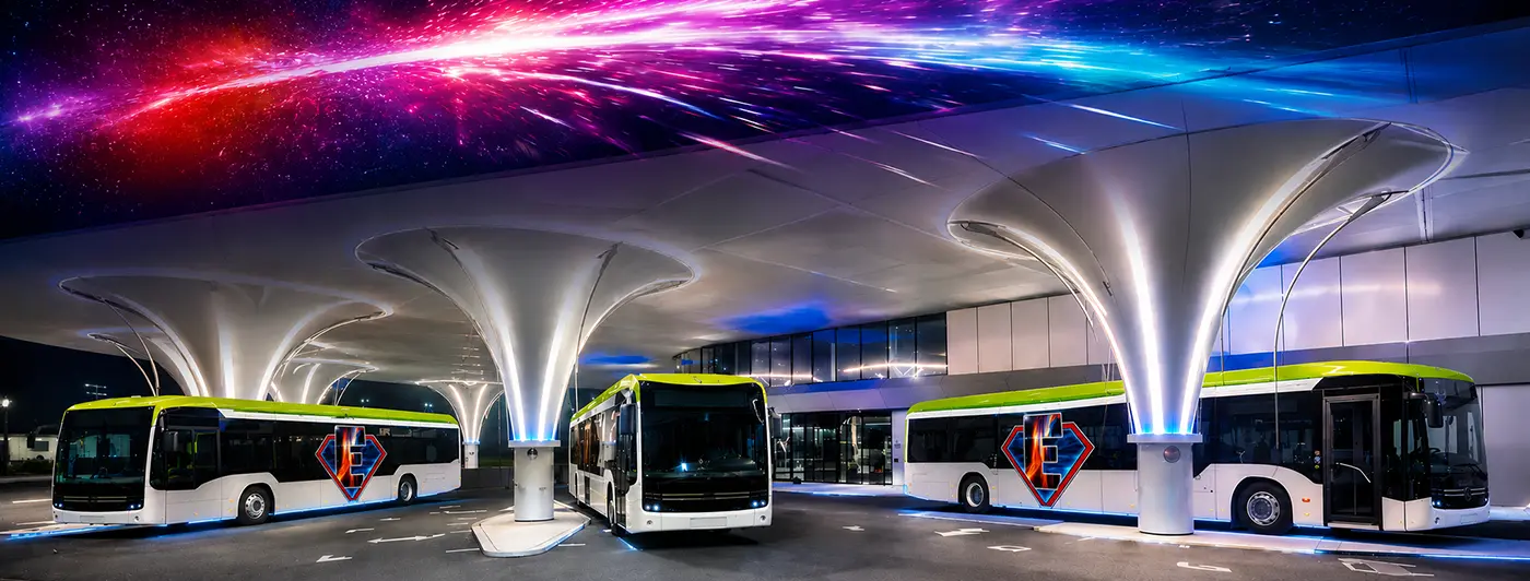 Elektrobusse von Egenberger parken an einer futuristischen, beleuchteten Ladestation unter dynamischen Lichtstreifen.