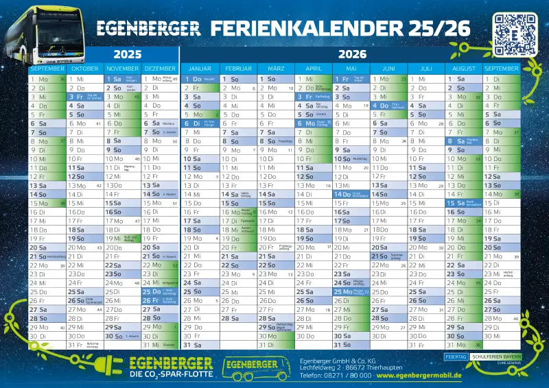 Deutscher Schulferienkalender 2025-2026 mit grün und grau markierten Wochenenden, Feiertagen und Pausen.