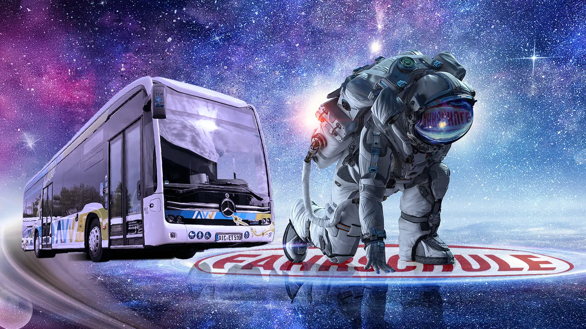 Ein Astronaut kniet auf einem Fahrschulschild, während ein Bus auf einer kosmischen Straße fährt.