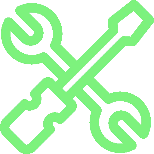 Grüner Umriss Schraubenschlüssel und Schraubenzieher gekreuzt, symbolisiert Werkzeuge oder Einstellungen, auf transparentem Hintergrund.