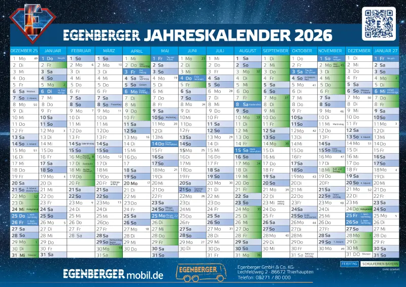 2026 Deutscher Kalender mit Monaten, Tagen, Feiertagen, Wochennummern; blauer Hintergrund, Firmeninfo unten.