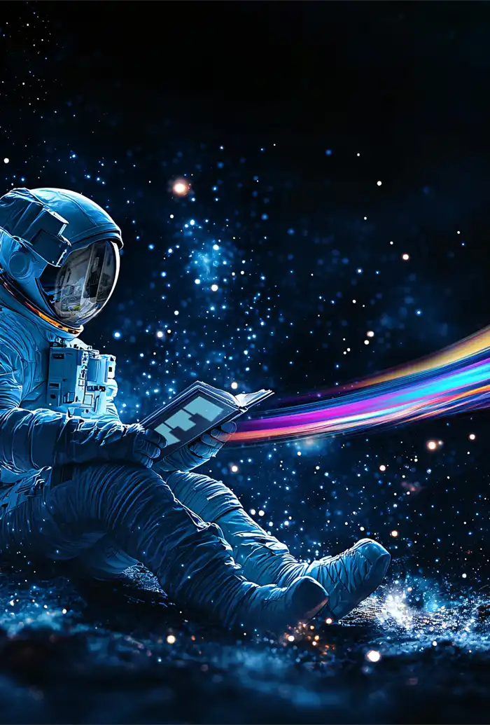 Ein Astronaut liest ein Buch auf einer felsigen Weltraumoberfläche; bunte Lichtspuren fließen inmitten eines Sternenhintergrunds.